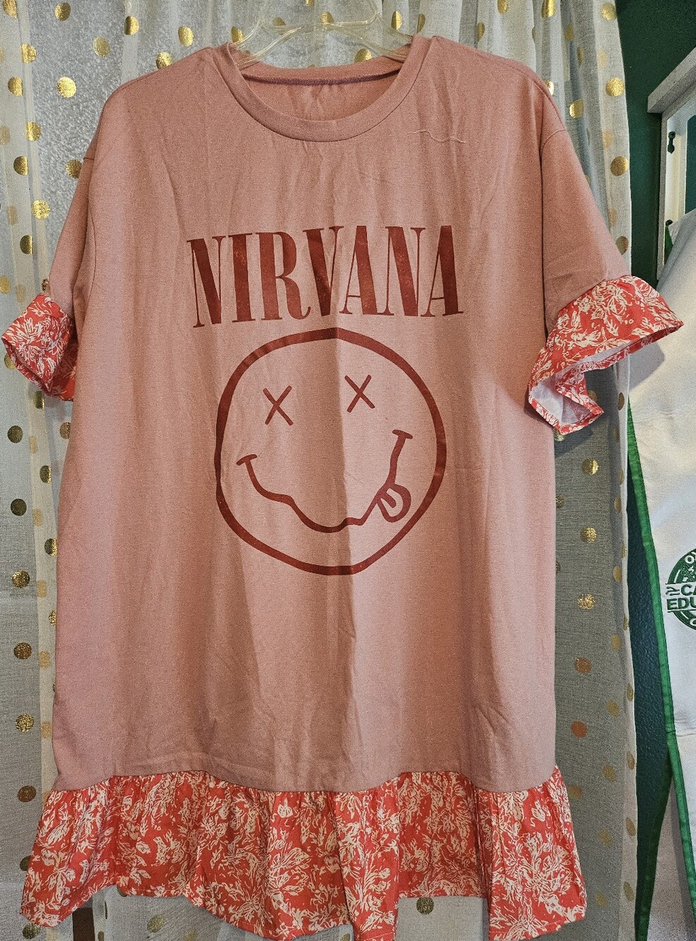 Nirvana Pink Graphic Tunic/Mini Dress with Floral Ruffle Trim